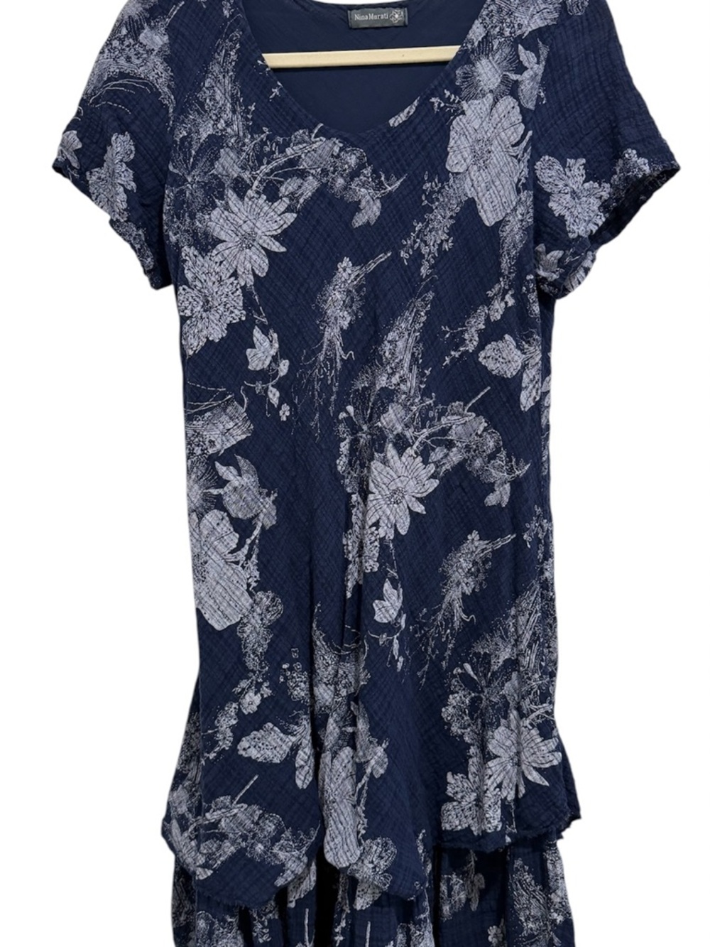 Nina Murati Navy Floral Midi Dress Tiered cotton Size Medium Italia flowy